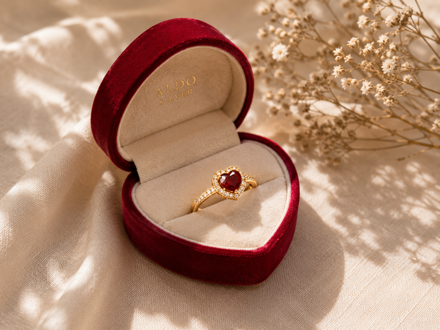 Red Heart Stone Ring With Zircon